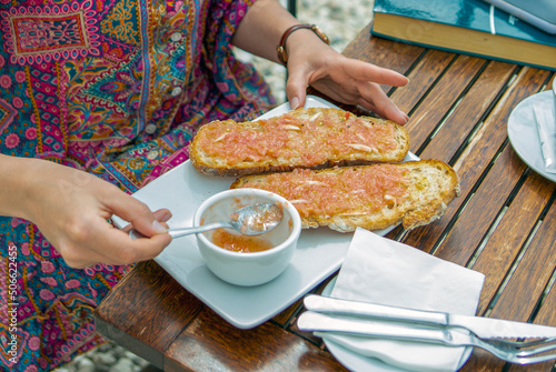 (pa amb tomaquet) bread with tomato, typical of Catalonia, Spain photo