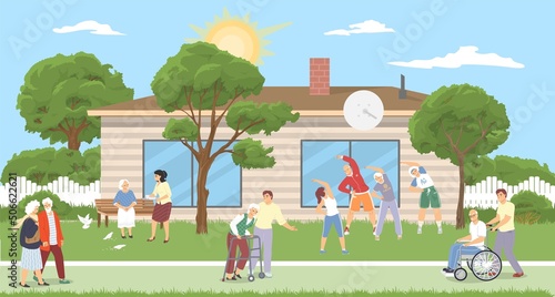 Nursing home illustration vector old people, carer
