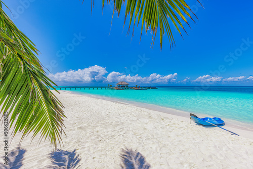 Fototapeta Naklejka Na Ścianę i Meble -  Maldives island beach with blue kayak on shore. Tropical landscape of summer, white sand with palm trees. Luxury travel vacation destination. Exotic beach landscape. Amazing nature, relax, freedom