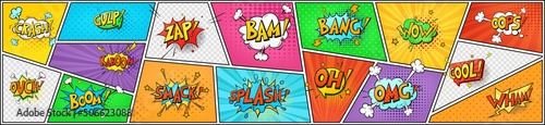 Photographie Pop art comic book speech bubbles and sound effects on colorful background