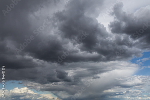 Epic Storm sky, dark grey clouds background texture, thunderstorm, tornado