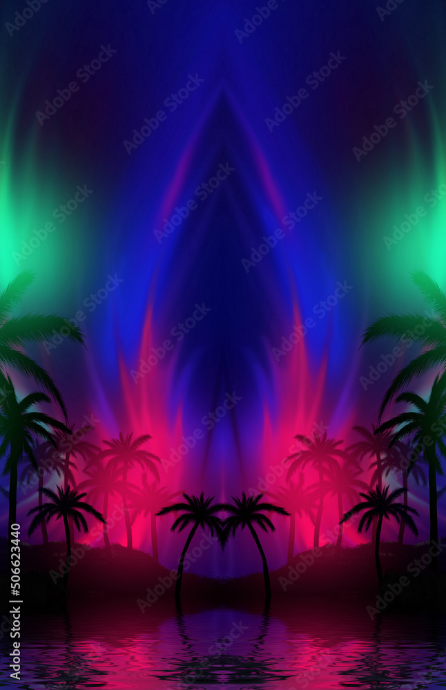 Silhouettes of tropical palm trees against an abstract background with a dark cloud. Reflection of palm trees in the water. Geometric figure in neon glow. Beach party. 3d illustration