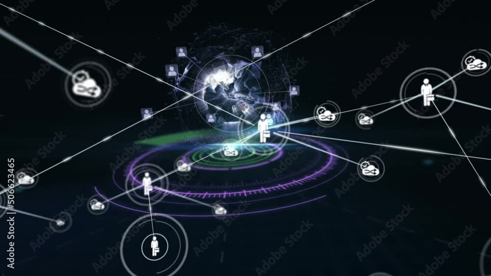 Animation of network of connections with icons over scope and globe on black background Animation of network of connections with icons over scope and globe on black background