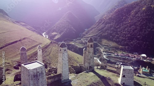 Historical tower complex placed in Ingushetia Republic, on top of mountain. 4K, view from above photo