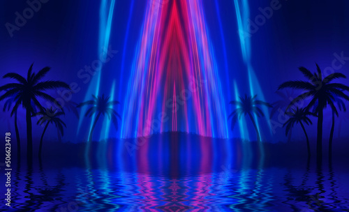 Silhouettes of tropical palm trees against an abstract background with a dark cloud. Reflection of palm trees in the water. Geometric figure in neon glow. Beach party. 3d illustration