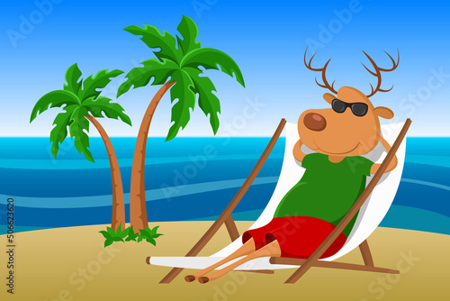 Reindeer relaxing in sun lounger. Vector illustration.