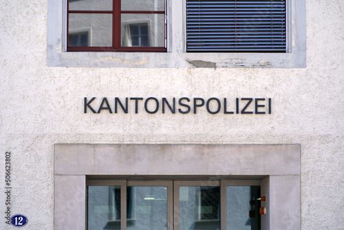 Entrance of building of cantonal police of Canton St. Gallen on a sunny spring day. Photo taken April 19th, 2022, St. Gallen, Switzerland. photo