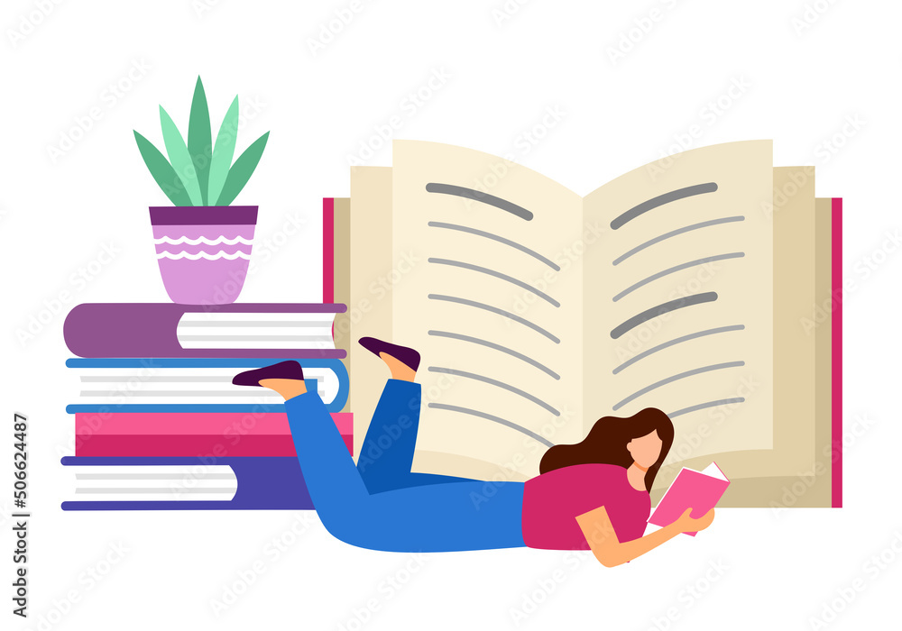 Woman reading book in flat design. Reading time concept vector illustration. I love reading. Knowledge is power. Woman reading book in flat design. Reading time concept vector illustration. I love reading. Knowledge is power.