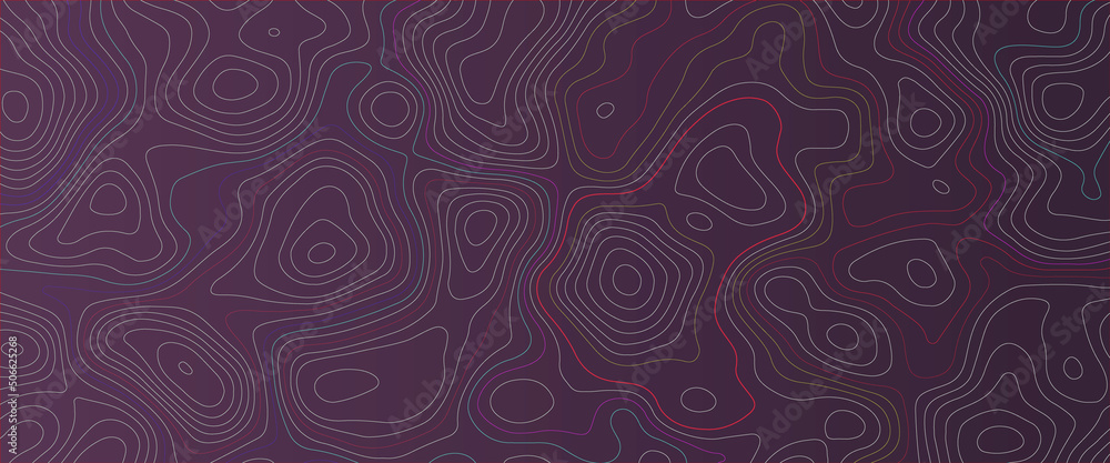 Topographic map. Geographic mountain relief. Modern topographic map line background. Concept of Geographic Pathway Layout. Vector illustration topographic map on dark background. Lines contour map. Topographic map. Geographic mountain relief. Modern topographic map line background. Concept of Geographic Pathway Layout. Vector illustration topographic map on dark background. Lines contour map.