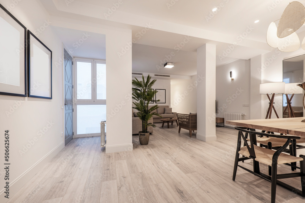 Obraz premium Living room with single plank dining table, accent plants and light wood flooring