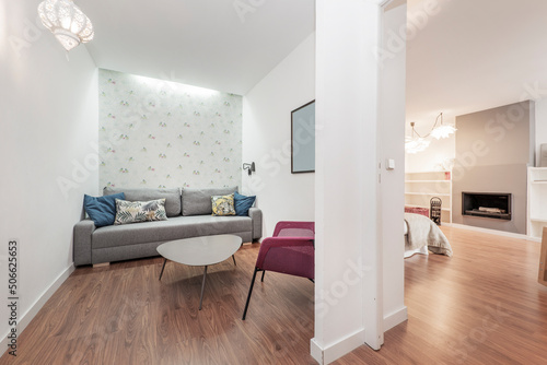 Antechamber of an apartment with a three-seater sofa  red armchair and coffee table and in the background the bedroom with a fireplace