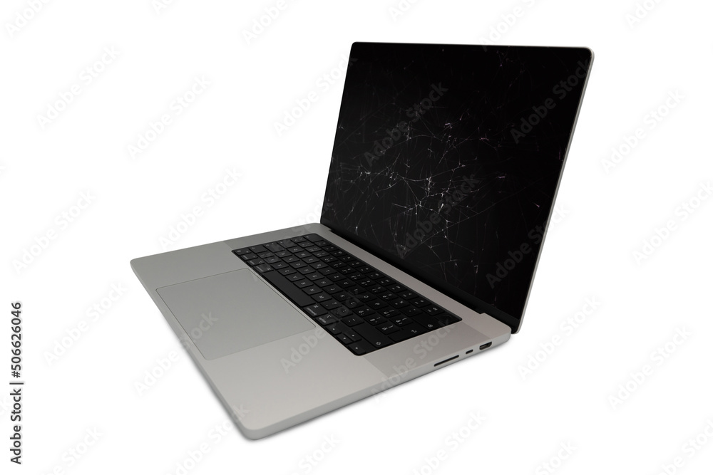 Broken LCD display on laptop computer. Isolated white background. Broken LCD display on laptop computer. Isolated white background.