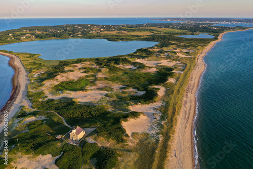 Bild auf Leinwand Amazing late afternoon summer aerial photo of the North Lighthouse on Block Island, Rhode Island