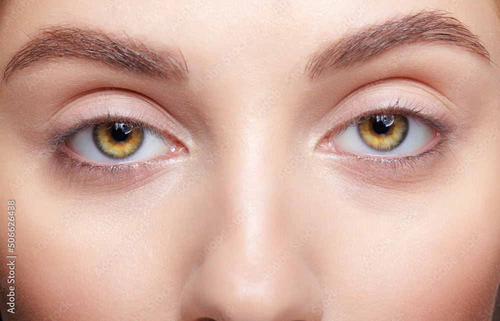 Fototapeta premium Closeup portrait of human female face with nude makeup.