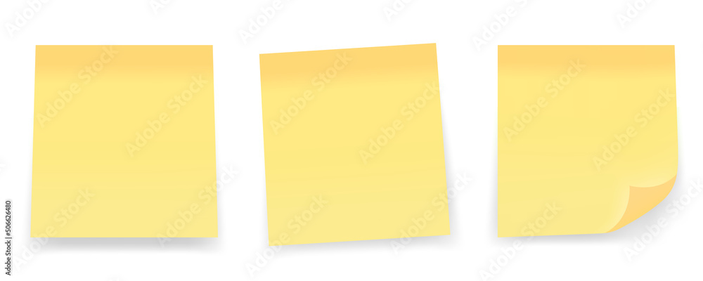 Realistic set of yellow paper notes isolated on white background. Post notes collection with shadow.