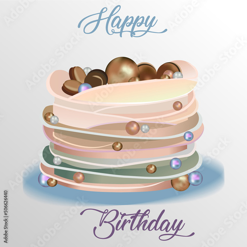 Happy birthday colored cake with golden balls and chocolate cookies