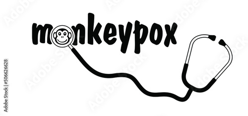 Cartoon monkey virus or monkeypox. Stop the virus belongs to the genus Orthopoxvirus in the family Poxviridae. infectious disease. Ape face. Vector monkey pox symbol or icon. Stethoscope.