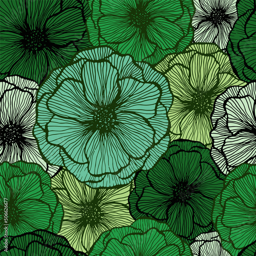 Poppy flower doodle  floral vector seamless pattern summer  fabric print design. Line texture petals