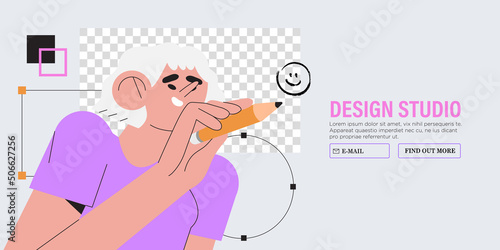 Woman is working on ui ux design project. Designer drawing sketch in vector program with big pencil. Character illustration for design online classes or seminar banner, ads, landing page, application.