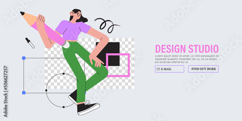Woman is working on ui ux design project. Designer drawing sketch in vector program with big pencil. Character illustration for design online classes or seminar banner  ads  landing page  application.