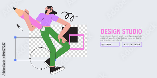 Woman is working on ui ux design project. Designer drawing sketch in vector program with big pencil. Character illustration for design online classes or seminar banner, ads, landing page, application.
