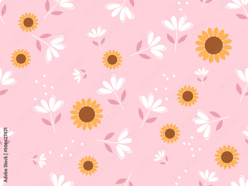 Seamless pattern with daisies and sunflower on pink background vector. Cute floral print.