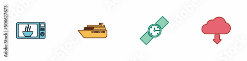 Set Microwave oven, Ship, Wrist watch and Cloud download icon. Vector
