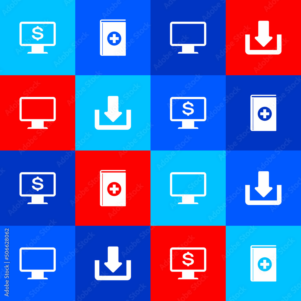 Set Monitor with dollar, Medical book, Computer monitor screen and Download icon. Vector Set Monitor with dollar, Medical book, Computer monitor screen and Download icon. Vector