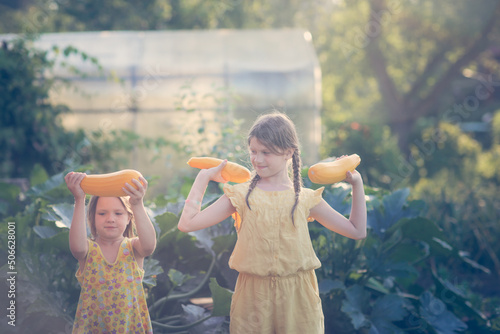 Cute funny cheerful european girls sisters with zucchini. Children with yellow zucchini in backyard vegetable garden. Natural organic farming and gardening for healthy kids