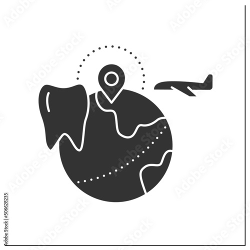 Dental tourism glyph icon. Health tourism. Medical travelling to another country to get low cost dental medical care. Tourism types concept.Filled flat sign. Isolated silhouette vector illustration