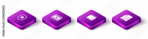 Set Isometric Shield with bitcoin, Cryptocurrency circuit, wallet and Smart contract icon. Vector