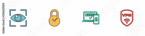 Set Eye scan, Padlock with clock, Two steps authentication and Shield VPN wireless icon. Vector
