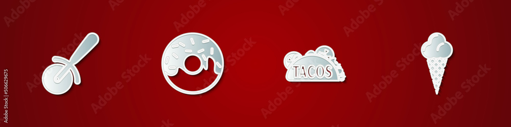 Set Pizza knife, Donut, Taco with tortilla and Ice cream in waffle cone icon. Vector
