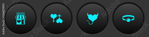 Set Sex shop building, Male and female heart, Devil with horns and Silicone ball gag icon. Vector