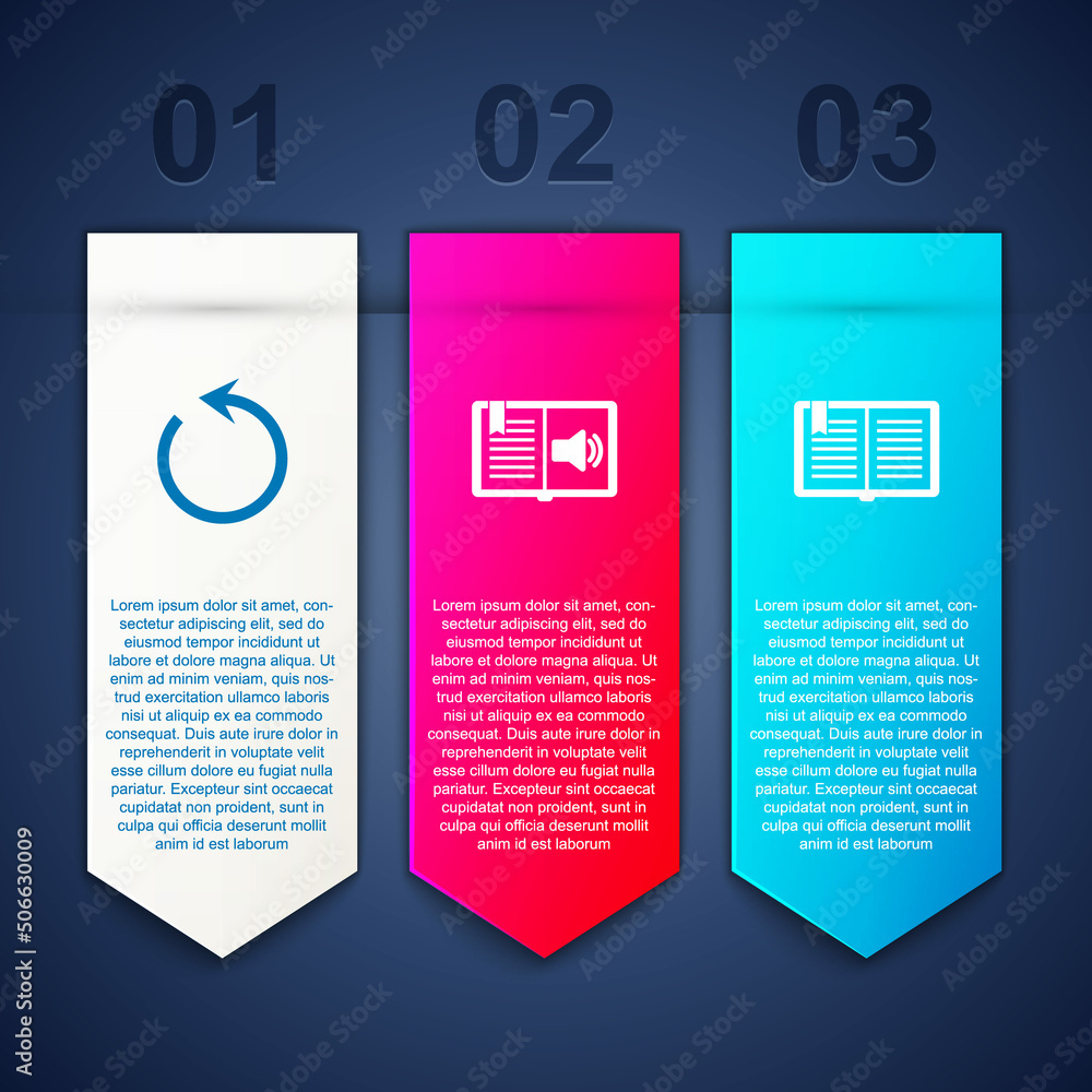 Set Refresh, Audio book and Open. Business infographic template. Vector Set Refresh, Audio book and Open. Business infographic template. Vector