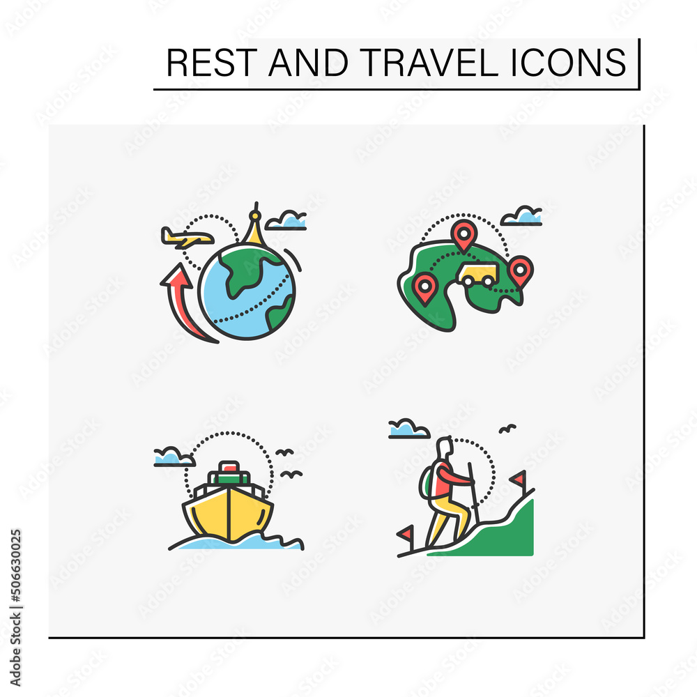 Types of rest and tourism color icons set. International and domestic tourism, cruise, hiking. Adventures, recreation and pleasure. Tourism types concept. Isolated vector illustrations