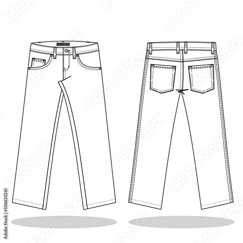 Denim Pant flat sketch design template. Men’s denim long pant Technical Fashion Illustration. Denim Pant technical sketch for tech pack design Front and Back View Vector