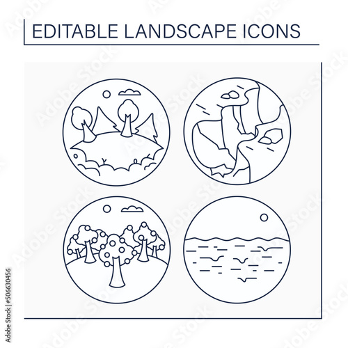 Landscape line icons set. Glade, gorge, grove and quicksand. Ecosystem. Ecology concept. Isolated vector illustrations. Editable strokes