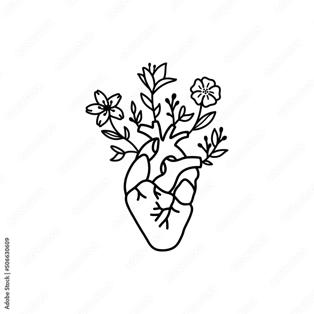 Vetor de Anatomical heart with flowers do Stock | Adobe Stock