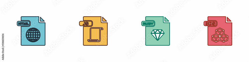Set HTML file document, JS, RUBY and 3DS icon. Vector Set HTML file document, JS, RUBY and 3DS icon. Vector
