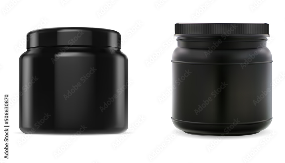 Protein jar. Sport vitamin cylinder bottle vector design. Black plastic  supplement tablets container mock up. Round nutrition powder can, glossy  product blank illustration pack Stock Vector | Adobe Stock