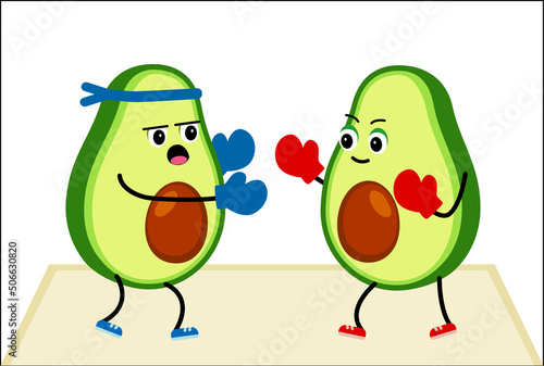 Two avocados are engaged in boxing sports.