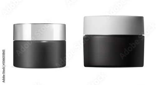 Cream jar. Cosmetic container vector mockup design. Plastic beauty jar set blank, scrub or lotion package. Realistic round creme packaging. Face blush powder template for label