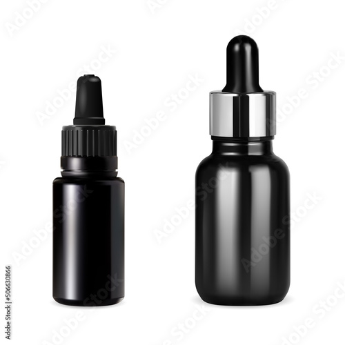 Black dropper bottle for cosmetic serum or oil, vector mockup. Small glass essential oil flask with pipette, realistic set for natural face collagen product. Medical drop container