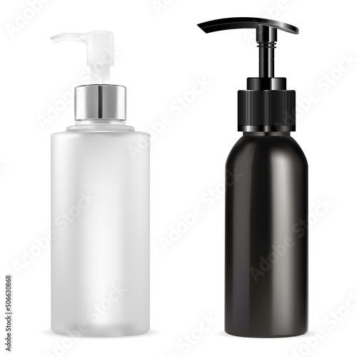 Pump bottle. Soap dispenser cosmetic container mockup. Opaque glass antibacterial essence sanitizer, coronavirus detergent. Cosmetic cleanser fluid design