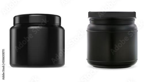 Protein jar. Sport vitamin cylinder bottle vector design. Black plastic supplement tablets container mock up. Round nutrition powder can, glossy product blank illustration pack © Сергей Байбак
