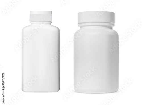 Pill jar. White plastic supplement capsule bottle mockup. Pharmaceutical prescription tablet cylinder can template. Round tub for medical product, pharmacy pack, powder mockup