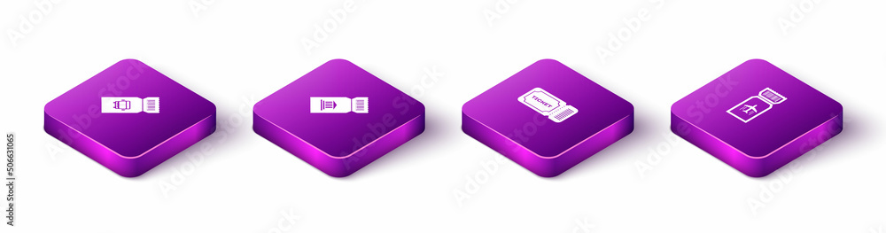 Set Isometric Bus ticket, Museum, Ticket and Airline icon. Vector Set Isometric Bus ticket, Museum, Ticket and Airline icon. Vector