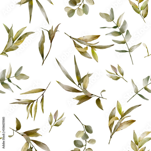 Watercolor seamless pattern.Hand painted branches and leaves. Illustration for design, print, fabric or background.