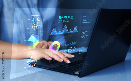 Fototapeta Naklejka Na Ścianę i Meble -  Advisor using KPI Dashboard on virtual screen.Business finance data analytics graph.Financial management technology.